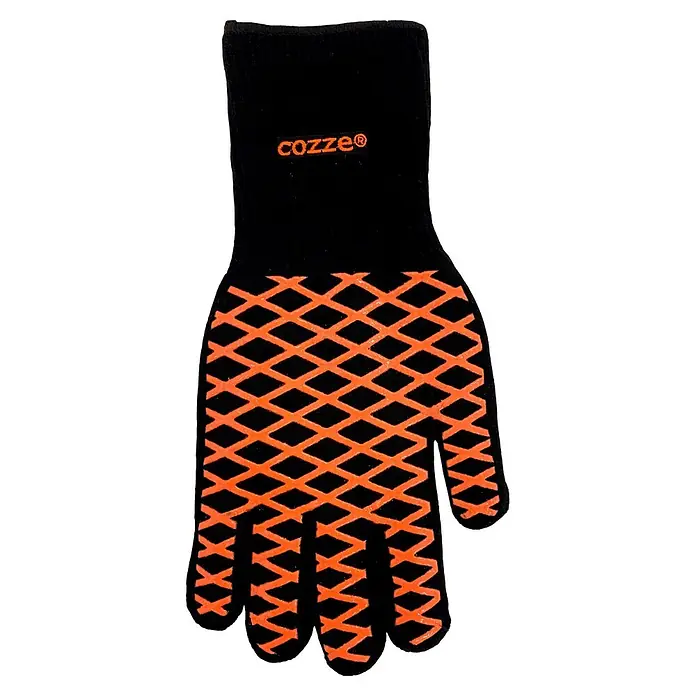 Cozze Grillhandschuh - Schwarz/Orange - Schwarzer Ofenhandschuh mit orangefarbenem Rautenmuster-Silikongriff auf Handfläche und Fingern, mit „cozze®“-Logo.