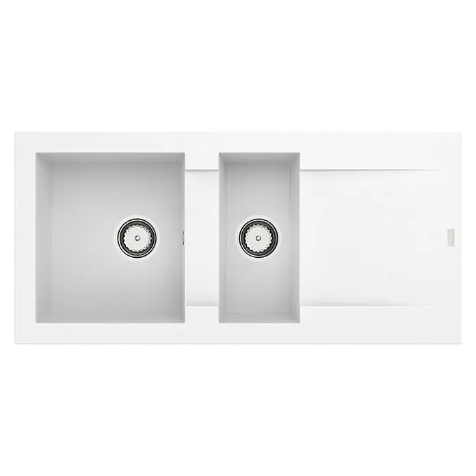 Carea Einbauspüle Dukkah - 105 x 50 cm, Weiß, Material Spüle: CAREAgranit® - Eine moderne, rechteckige Küchenspüle in Weiß mit zwei Becken und einer Abtropffläche. Ideal für jede moderne Küche.