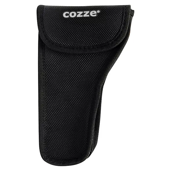 Cozze Grill-Thermometer - Messbereich 0 - 530° C - Schwarze Stofftasche mit Klappenverschluss und weißem 'cozze'-Logo.