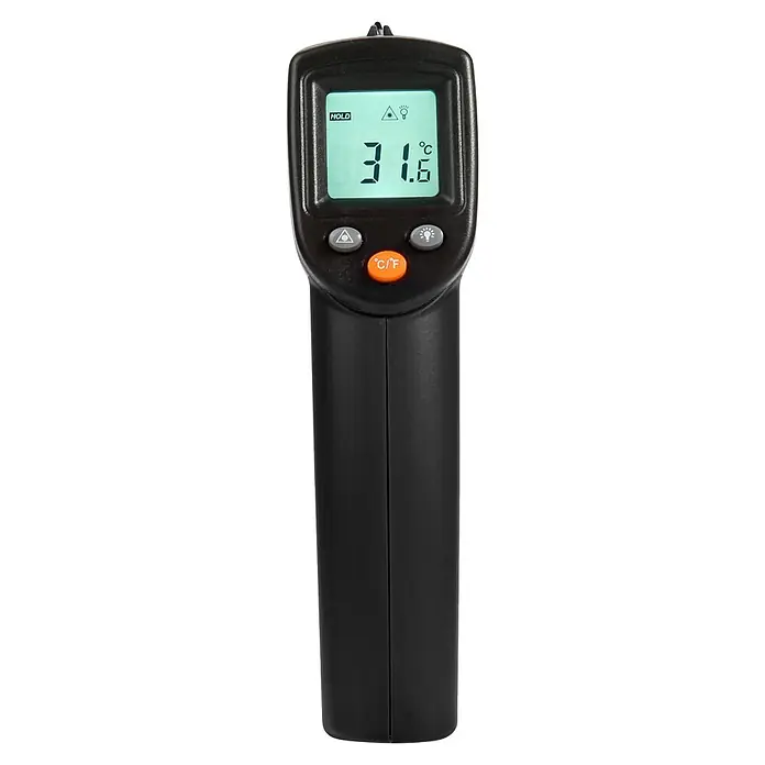 Cozze Grill-Thermometer - Messbereich 0 - 530° C - Schwarzes Infrarot-Thermometer mit Anzeige von 31,6 °C, Laser, Hintergrundbeleuchtung und Umschaltknöpfen für °C/°F.