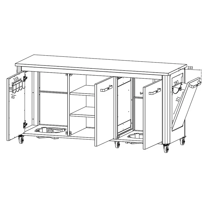 Cozze Outdoorküchen-Modul - Schwarz, B x T x H: 180 x 60 x 90 cm - Mobiler Servierwagen mit mehreren Staufächern, Regalböden, Hakenleiste und kippbaren Behältern, auf Rollen.