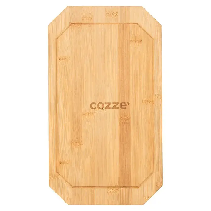 Cozze Grillpfanne - L x B: 30 x 15 cm, Höhe: 1 cm, Gusseisen - Bambus-Schneidebrett mit achteckigen Kanten, Saftrille und „cozze®“-Logo.