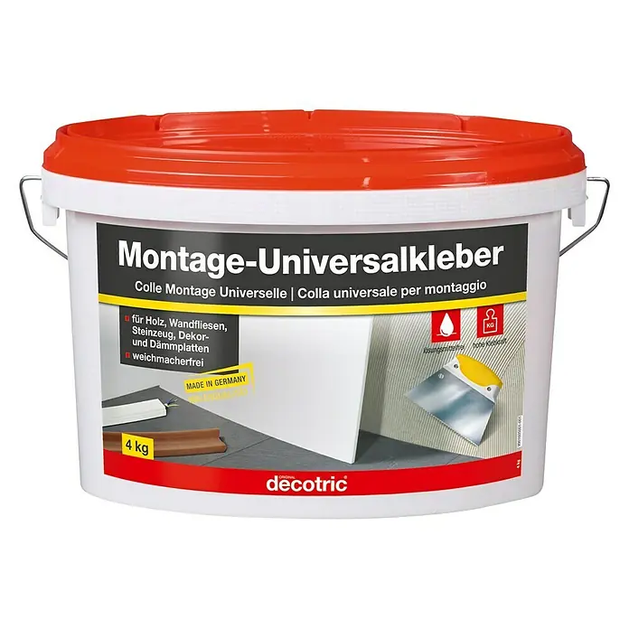 Decotric Universal-Montagekleber - 4 kg, Anwendungsbereich: Innen - Abbildung eines Eimers Montage-Universalkleber von Decotric mit rotem Deckel und Etikett mit Produktinformationen.