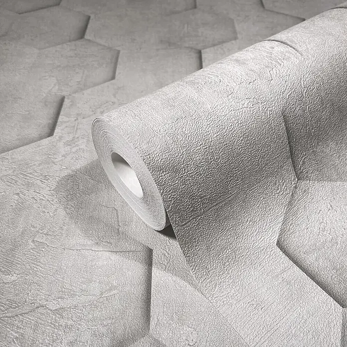 Marburg Loft Superior Vliestapete Grafik - Greige, Grafisch, 10,05 x 0,53 m - Helle graue Tapetenrolle mit Textur und dezentem Sechseckmuster.