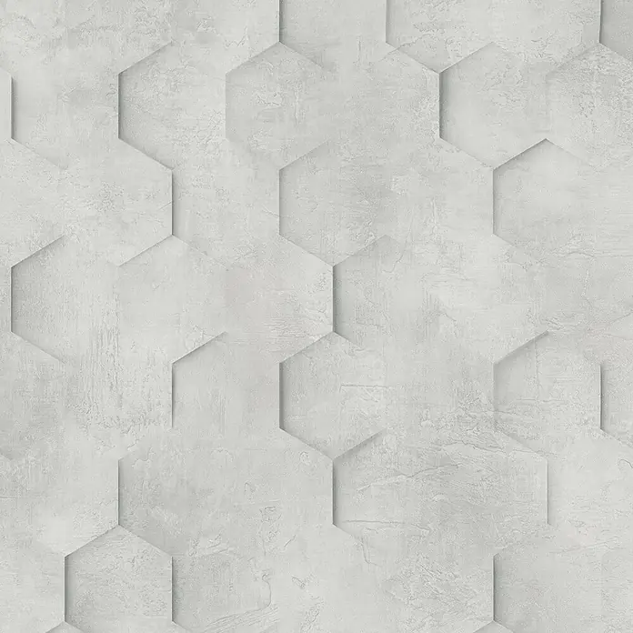 Marburg Loft Superior Vliestapete Grafik - Greige, Grafisch, 10,05 x 0,53 m - Strukturierte hellgraue Sechseckfliesen, die ein nahtloses 3D-Muster mit Betonoptik bilden.