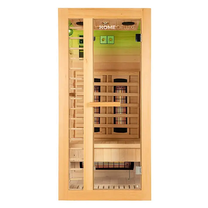 Home Deluxe Infrarotkabine REDSUN DELUXE S -  - Infrarotsauna aus hellem Holz mit Glastür, die Innenbänke und glühende Heizelemente zeigt.