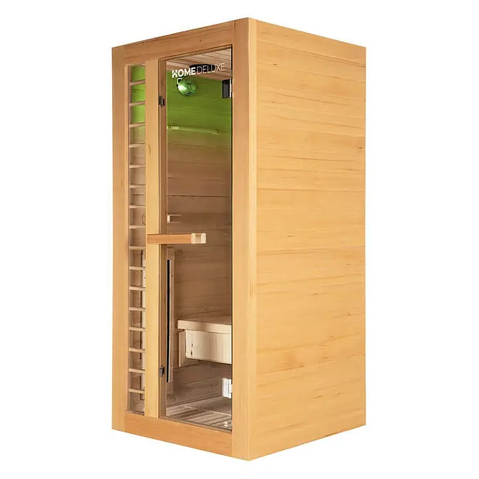 Home Deluxe Infrarotkabine REDSUN DELUXE S -  - Helle Holz-Infrarotsaunakabine mit Glastür, die eine Innenbank und grüne Beleuchtung zeigt.