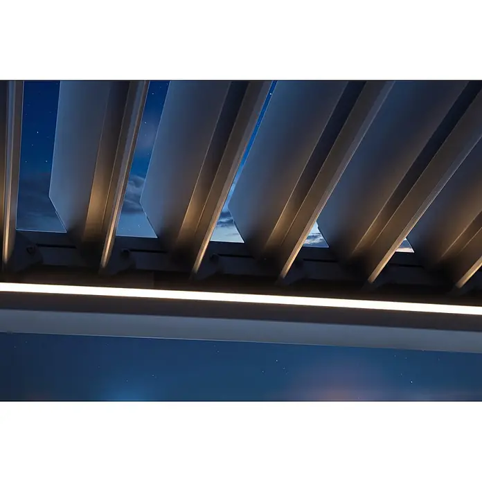 Sunfun Milos Lamellenpavillon Elektrisch - B x T: 390 x 298 cm, Night-grey, Material Gestell: Aluminium, LED-Beleuchtung - Dunkelgraue Lamellenpergola mit integrierter LED-Beleuchtung, offene Lamellen vor Sternenhimmel.