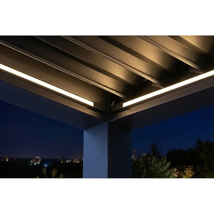 Sunfun Milos Lamellenpavillon Elektrisch - B x T: 390 x 298 cm, Night-grey, Material Gestell: Aluminium, LED-Beleuchtung - Moderne, dunkle Metallpergola mit integrierter warmer LED-Beleuchtung, die die Struktur nachts erhellt.