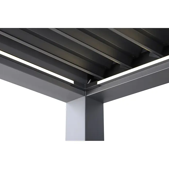 Sunfun Milos Lamellenpavillon Elektrisch - B x T: 390 x 298 cm, Night-grey, Material Gestell: Aluminium, LED-Beleuchtung - Ecke einer grauen Metall-Pergola-Struktur mit integrierter LED-Streifenbeleuchtung.