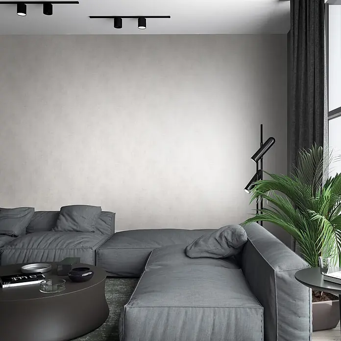 Marburg Loft Superior Vliestapete Struktur I - Creme, Sonstiges, 10,05 x 0,53 m - Großes L-förmiges Ecksofa mit grauem Stoffbezug in einem modernen Wohnzimmer.