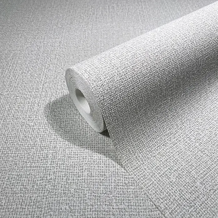 Vliestapete - Greige, Sonstiges, 10,05 x 0,53 m - Hellegraue Tapetenrolle mit gewebter Textur und Muster.