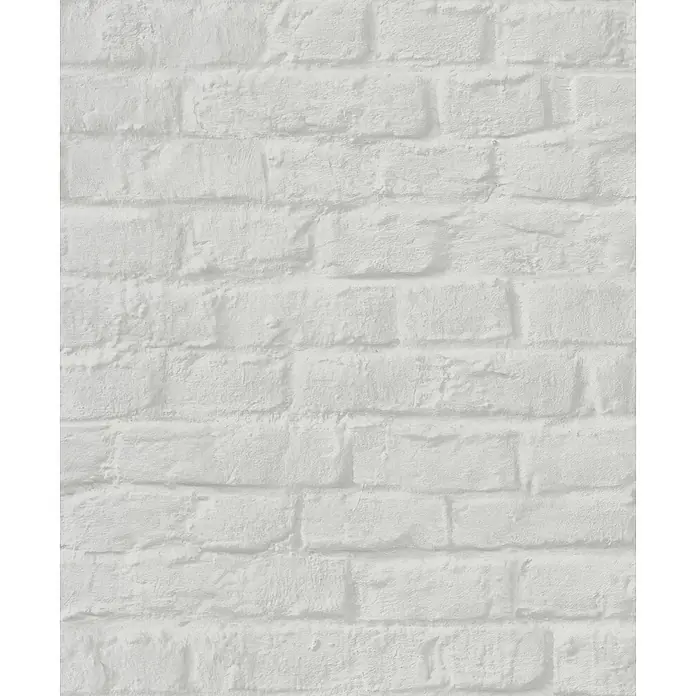 Marburg Loft Superior Vliestapete Steinoptik - Greige, Steinoptik, 10,05 x 0,53 m - Weiße gestrichene Ziegelwandtextur mit sichtbaren Fugen und rauer Oberfläche.