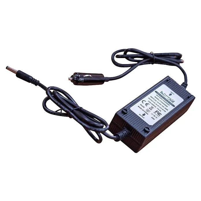 Temo Ladegerät für Elektro-Außenbordmotor Temo 450 - 12 V - Schwarzes Lithium-Akkuladegerät mit Zigarettenanzünderstecker und Hohlstecker-Ausgang.