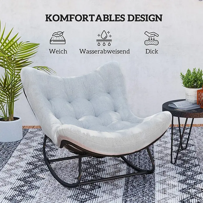 Outsunny Garten-Schaukelstuhl mit abnehmbarem Bezug, 120 kg Traglast - 1 Stk., PE-Rattan, Schwarz, Hellgrau, B x T x H: 98 x 111 x 74 cm - Komfortabler hellgrauer, getufteter Schaukelstuhl mit schwarzem Gestell, weich, dick und wasserabweisend.