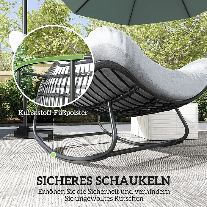 Outsunny Garten-Schaukelstuhl mit abnehmbarem Bezug, 120 kg Traglast - 1 Stk., PE-Rattan, Schwarz, Hellgrau, B x T x H: 98 x 111 x 74 cm - Dunkelgrauer Outdoor-Schaukelstuhl mit hellgrauem Kissen und rutschfesten Kunststoff-Fußpolstern für sicheres Schaukeln auf der Terrasse.