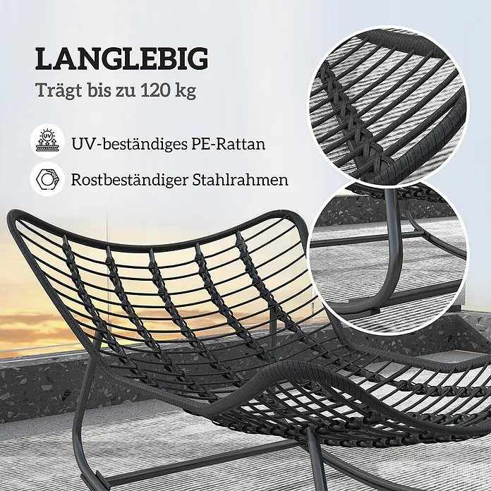 Outsunny Garten-Schaukelstuhl mit abnehmbarem Bezug, 120 kg Traglast - 1 Stk., PE-Rattan, Schwarz, Hellgrau, B x T x H: 98 x 111 x 74 cm - Schwarzer Outdoor-Loungesessel aus UV-beständigem PE-Rattan mit rostbeständigem Stahlrahmen, bis zu 120 kg belastbar.