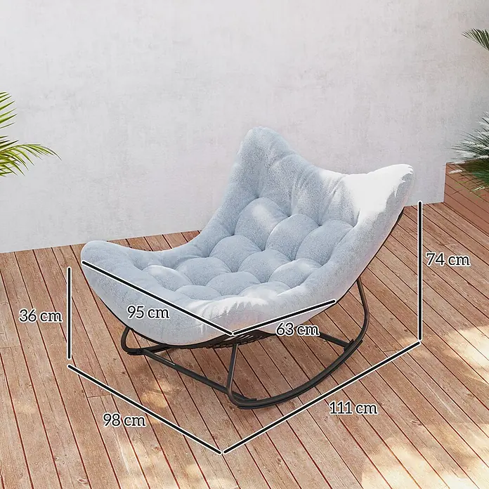 Outsunny Garten-Schaukelstuhl mit abnehmbarem Bezug, 120 kg Traglast - 1 Stk., PE-Rattan, Schwarz, Hellgrau, B x T x H: 98 x 111 x 74 cm - Hellblauer getufteter Schaukelstuhl mit schwarzem Gestell. Höhe 74cm, Breite 98cm, Tiefe 111cm.