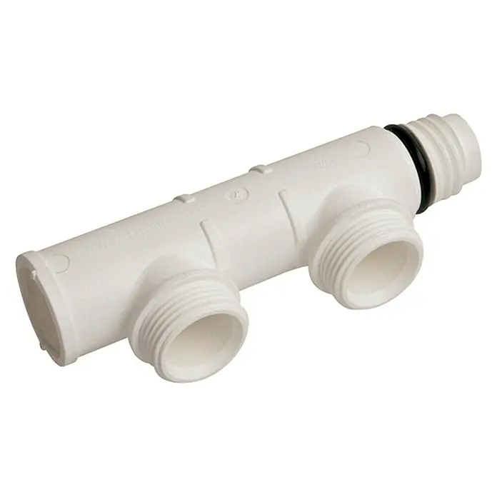 Marley AquaStec Verteiler - 2-fach - Weißer PVC-Verteiler mit zwei Ausgängen und Gewindeanschlüssen, ideal für Sanitärinstallationen und Wasserverteilungssysteme.