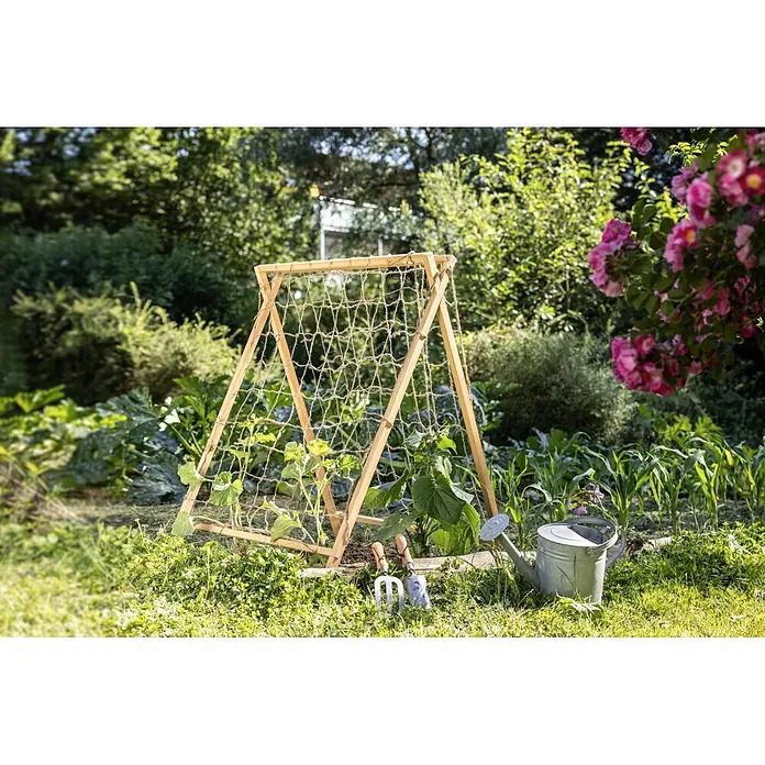 Windhager Rankhilfe Zelt - L x B x H: 90 x 75 x 105 cm, Kiefer - Gartenspalier aus Naturholz mit Kletternetz, das junge Pflanzen in einem grünen Garten stützt.