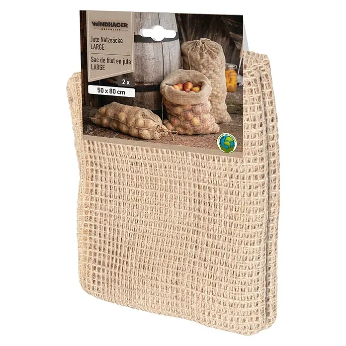 Windhager Netzsack Öko - B x H: 50 x 80 cm, Jute, 2 Stk. - Zwei große Jute-Netzsäcke, 50x80 cm, auf Verpackung mit Obst und Gemüse in ähnlichen Säcken.