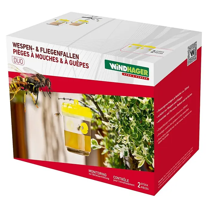 Windhager Wespenfalle Duo - 2 Stk. - Produktbox für Windhager Wespen- & Fliegenfallen (Duo), zeigt gelbe Fallen in Gartenumgebung.