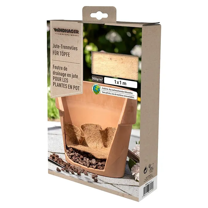 Windhager Trenn- & Filtervlies für Töpfe - 1 x 1 m, Jute - Windhager Greenline Jute-Trennvlies für Töpfe, in Verpackung und im Schnittbild eines Topfes mit Drainagematerial.