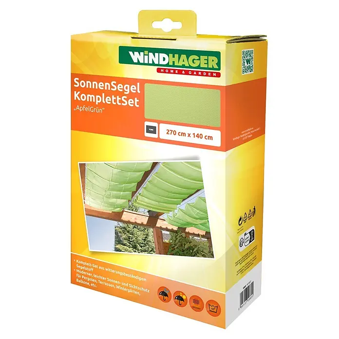 Windhager Sonnensegel Seilspanntechnik Komplett-Set - L x B: 2,7 x 1,4 m, Apfelgrün - Apfelgrünes Polyester-Sonnensegel-Komplettset (270x140 cm) für Pergolen und Terrassen, bietet Sonnen- und Sichtschutz.