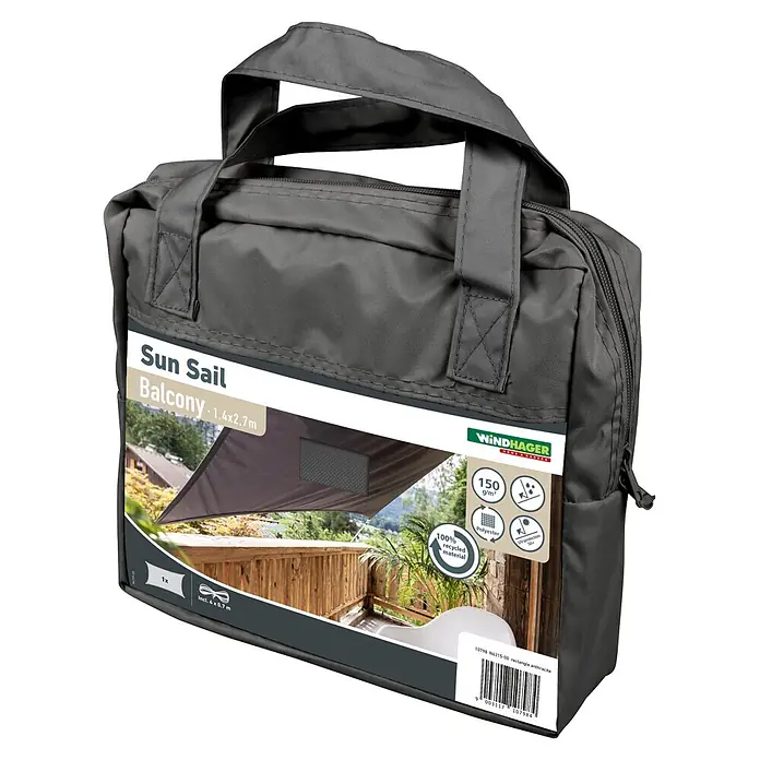 Windhager Sonnensegel Repet - Grau, 100 % Polyester, L x B: 1,4 x 2,7 m, 1 Stk. - Dunkelgraues Balkon-Sonnensegel in einer Tragetasche, mit Verpackungsdetails.