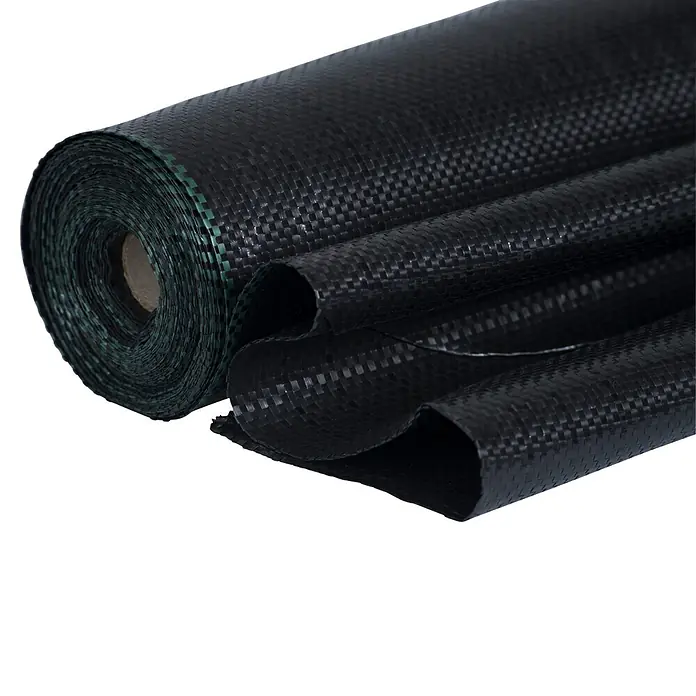 Windhager Unkrautabwehrgewebe Unterboden-Gewebe - Vlies, 25 x 2 m - Rolle aus schwarzem gewebtem Unkrautschutzgewebe mit grünen Akzentlinien.