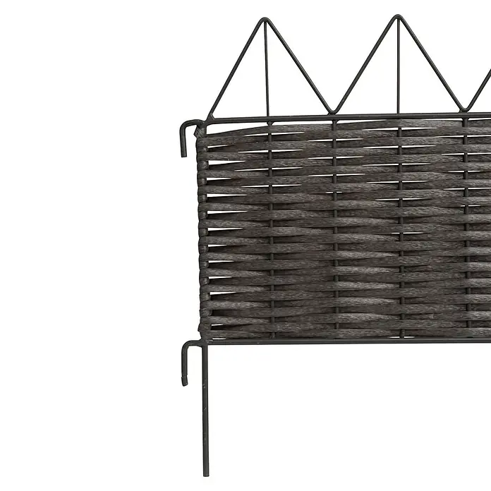Windhager Beeteinfassung Typ 13 - PVC, 100 x 35 cm - Dunkelgraue geflochtene Gartenbegrenzung mit Metallrahmen und spitzer Oberseite.