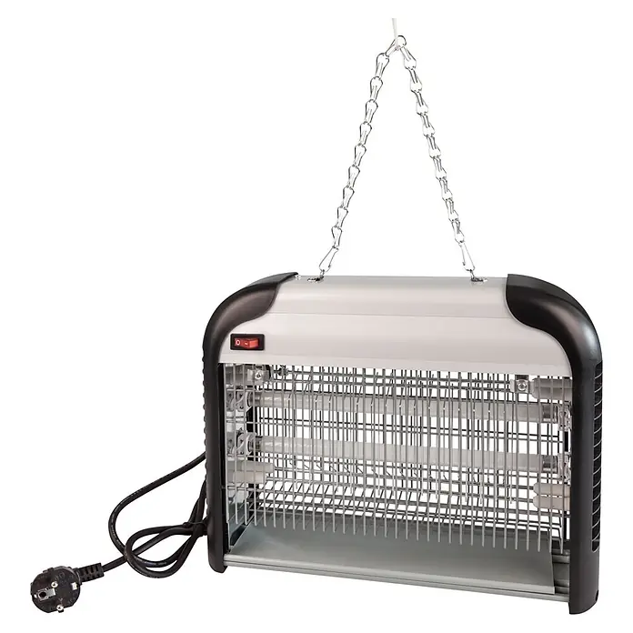 Windhager UV-Mückenlampe Comfortable+ - 16 W, Wirkungsbereich: 40 m² - Grau-schwarzer elektrischer Insektenvernichter mit Schutzgitter, Leuchtstoffröhren und einer Hängekette. Inklusive schwarzem Stromkabel und Stecker.