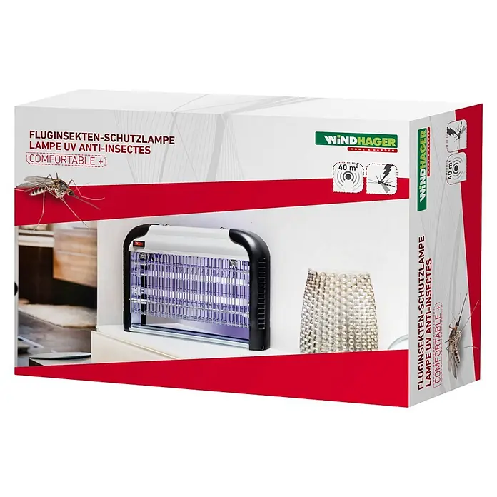 Windhager UV-Mückenlampe Comfortable+ - 16 W, Wirkungsbereich: 40 m² - Silberne Windhager UV-Insektenschutzlampe mit schwarzem Griff und Gitter, geeignet für 40 m² Wohnfläche.