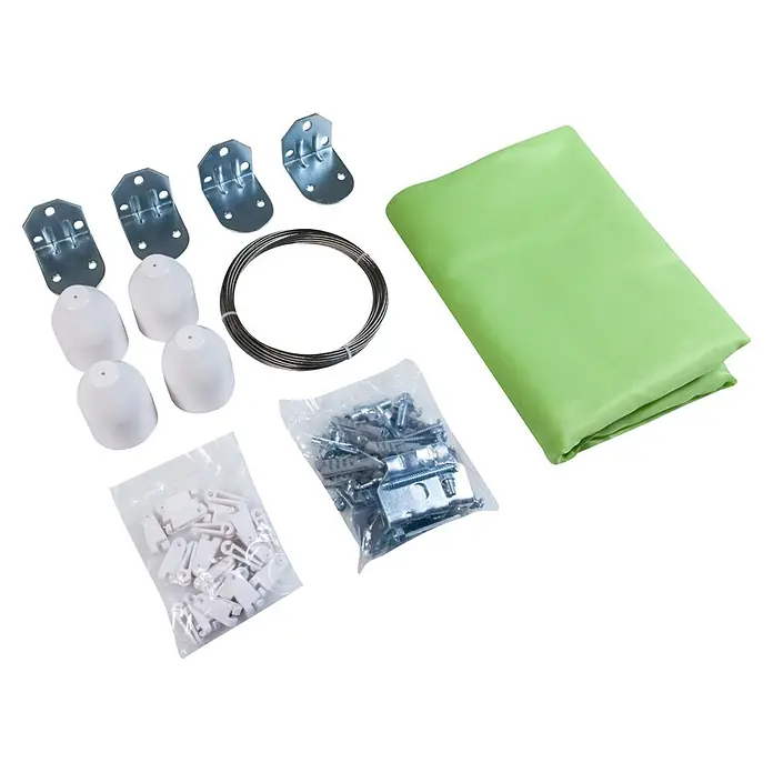 Windhager Sonnensegel Seilspanntechnik Komplett-Set - L x B: 2,7 x 1,4 m, Apfelgrün - Vorhang-Montageset mit grünem Stoff, Metallwinkeln, weißen Kunststoffteilen, Draht, Schrauben und Gleitern.