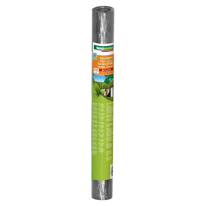 Windhager Wurzelsperre Vlies - B x L: 65 cm x 3,5 m - Gerolltes Windhager Wurzelsperr-Vlies mit grün-orangem Etikett, verhindert Wurzelausbreitung.