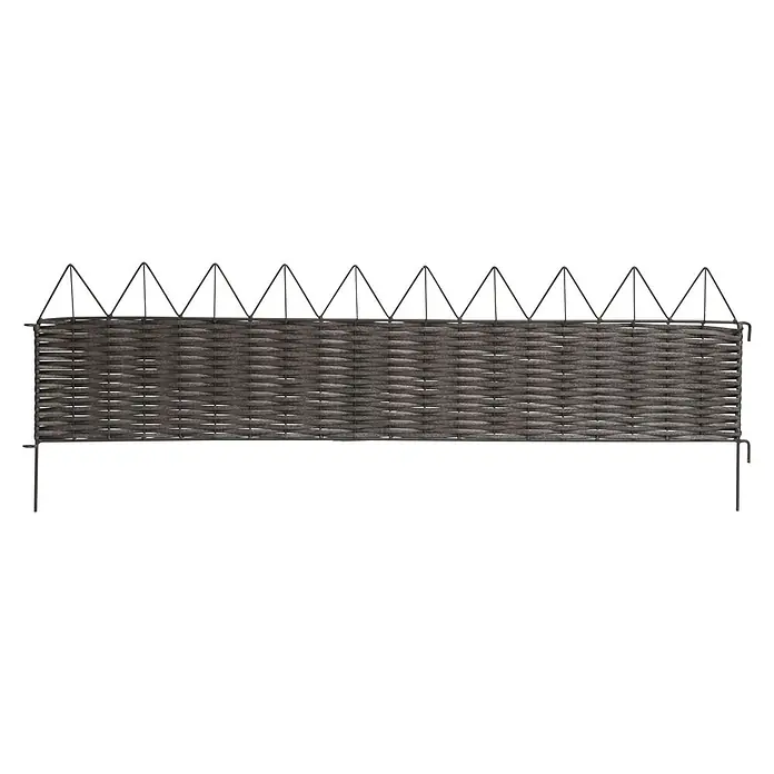 Windhager Beeteinfassung Typ 13 - PVC, 100 x 35 cm - Dunkelgraues geflochtenes Gartenzaunpaneel mit dreieckiger Oberkante und Bodenpfählen.