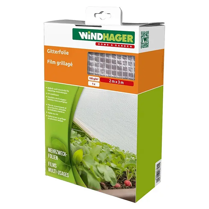 Windhager Gitterfolie Standard - L x B: 3 x 2 m, Weiß - WINDHAGER Gitterfolie-Verpackung zeigt eine verstärkte, UV-stabile Gartenfolie (2x3m), die Pflanzen bedeckt.