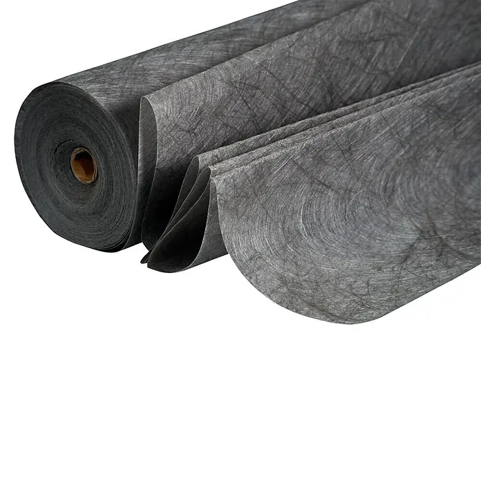 Windhager Trenn- & Filtervlies - L x B: 7 x 0,9 m, Grau - Eine teilweise abgerollte dunkelgraue Geotextilbahnrolle, die ihr strukturiertes Vliesmaterial zeigt.