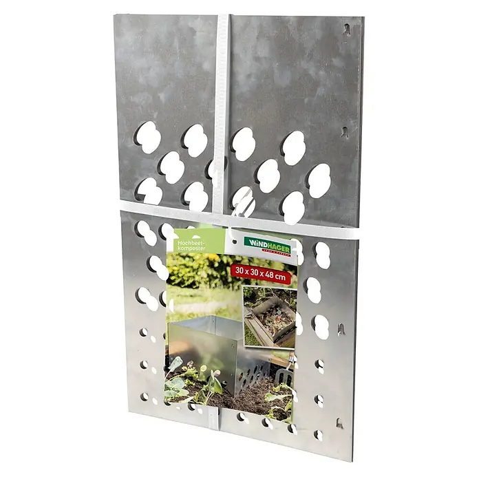 Windhager Komposter Hochbeeteinsatz - 48 x 30 x 30 cm - Flach verpackter Hochbeet-Komposter aus Edelstahl mit Löchern und Produktetikett.