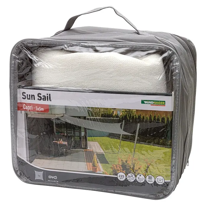 Windhager Sonnensegel Capri - L x B: 5 x 5 m, Quadratisch, Weiß - Weißes 5x5m Sonnensegel, gefaltet in einer grauen Tragetasche mit transparentem Sichtfenster. Produktetikett sichtbar.