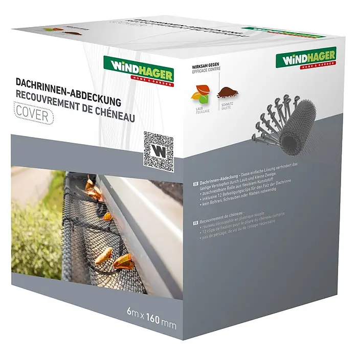 Windhager Laubschutznetz Cover für Dachrinnen - Länge: 6 m - Schwarzes flexibles Kunststoff-Regenrinnenschutzgitter als Rolle mit Clips zur Vermeidung von Verstopfungen durch Laub.