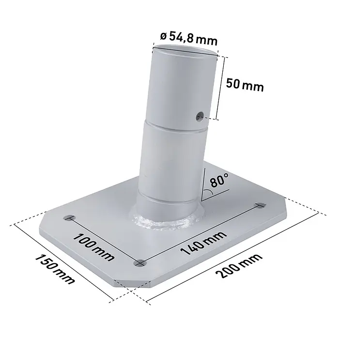 Windhager Terrassenhalterung Premium - Geeignet für: Sonnenschutzbefestigungen - Hellgraue abgewinkelte Montagehalterung mit 54,8mm Zylinderstange, um 80 Grad geneigt auf einer 200x150mm Grundplatte.