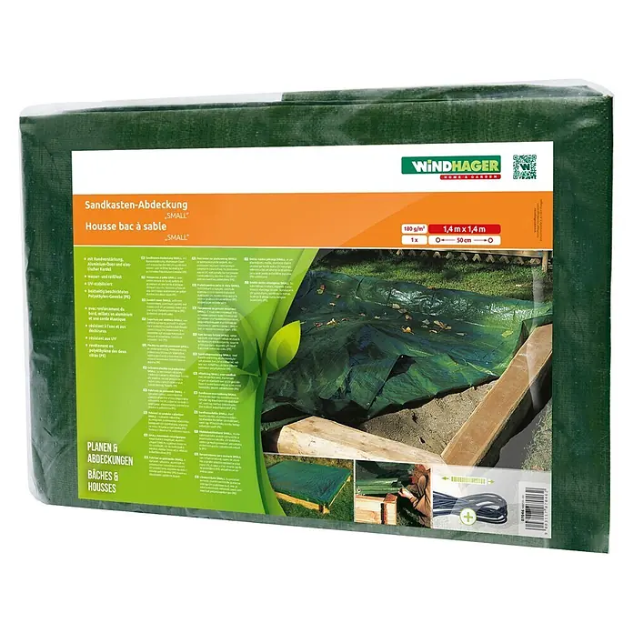 Windhager Sandkasten-Schutzhülle - L x B: 2 x 2 m, Grün - Grüne 'SMALL' Sandkasten-Abdeckung (1,4x1,4m) auf der Verkaufsverpackung.