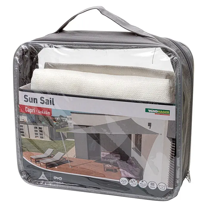 Windhager Sonnensegel Capri - L x B: 4 x 4 m, Weiß, Dreieckig - Hellfarbenes dreieckiges HDPE-Sonnensegel (4x4x4m) in klarer Tragetasche mit grauem Rand, bietet bis zu 90% UV-Schutz.