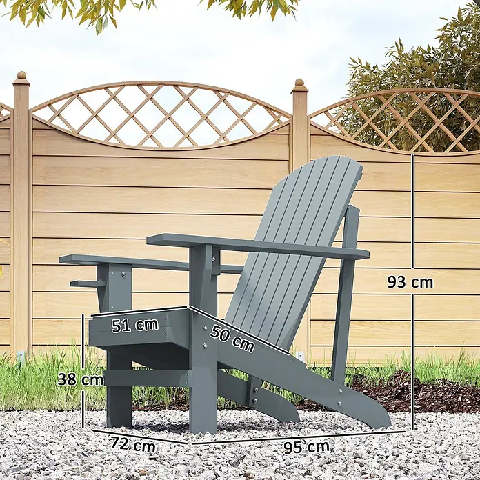 Outsunny Gartenstuhl Adirondack - Tannenholz, Dunkelgrau, B x T x H: 95 x 95 x 93 cm - Grauer Adirondack-Stuhl aus Holz mit detaillierten Maßen, im Garten platziert.