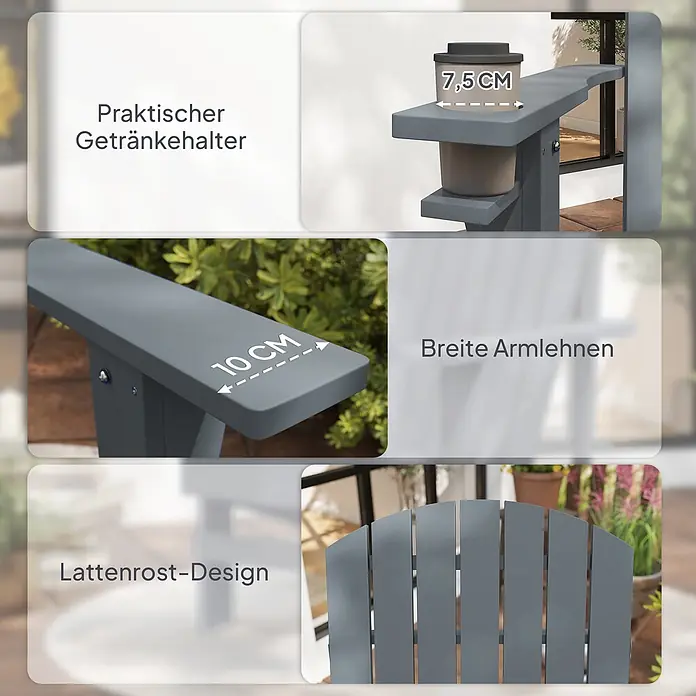 Outsunny Gartenstuhl Adirondack - Tannenholz, Dunkelgrau, B x T x H: 95 x 95 x 93 cm - Grauer Gartenstuhl/Bank mit praktischem 7,5 cm Getränkehalter, breiten 10 cm Armlehnen und Lattenrost-Design.