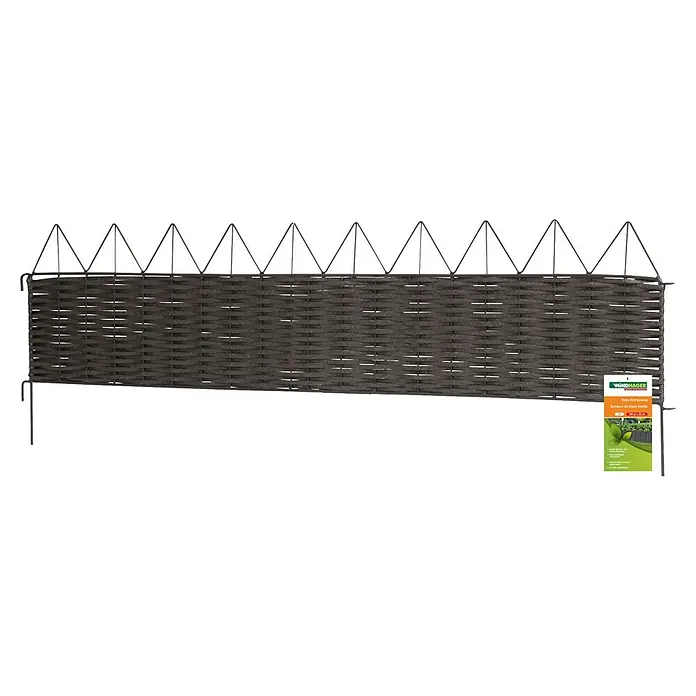 Windhager Beeteinfassung Typ 13 - PVC, 100 x 35 cm - Dunkelgraue geflochtene Beet-Einfassung in Rattan-Optik mit dreieckigen Metallspitzen und Erdspießen.