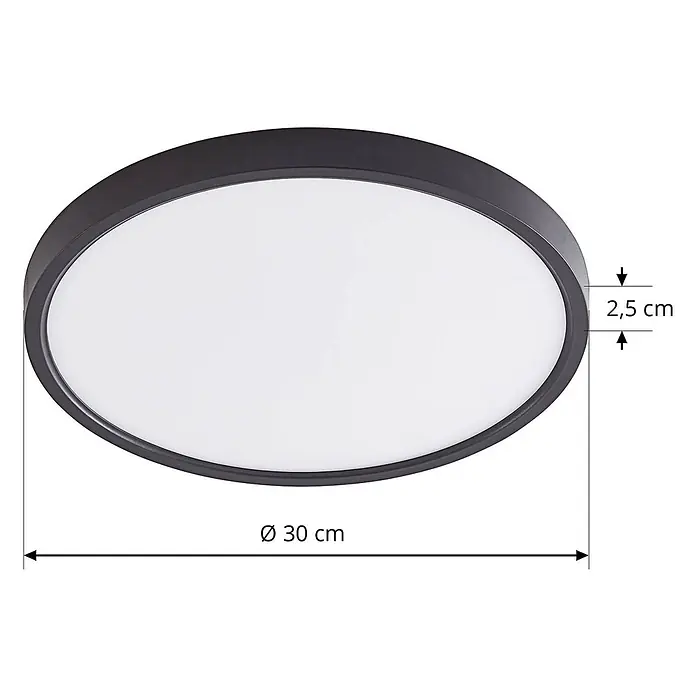 Lindby Deckenleuchte Pravin - schwarz - Runde, flache Deckenleuchte mit dunkelgrauem Rahmen und weißem Diffusor.