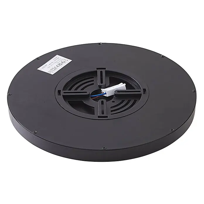 Lindby Deckenleuchte Pravin - schwarz - Rückseite einer schwarzen, runden LED-Deckenleuchte mit zentraler Montagehalterung und elektrischem Anschluss.
