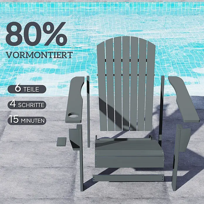 Outsunny Gartenstuhl Adirondack - Tannenholz, Dunkelgrau, B x T x H: 95 x 95 x 93 cm - Grauer Adirondack-Stuhl, teilweise zerlegt neben Pool, 80% vormontiert, 6 Teile, 4 Schritte, 15 Minuten Montage.